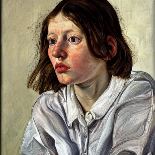 Image similar to high quality high detail painting by lucian freud, hd, portrait of a girl looking at the distance with despair, photorealistic lighting