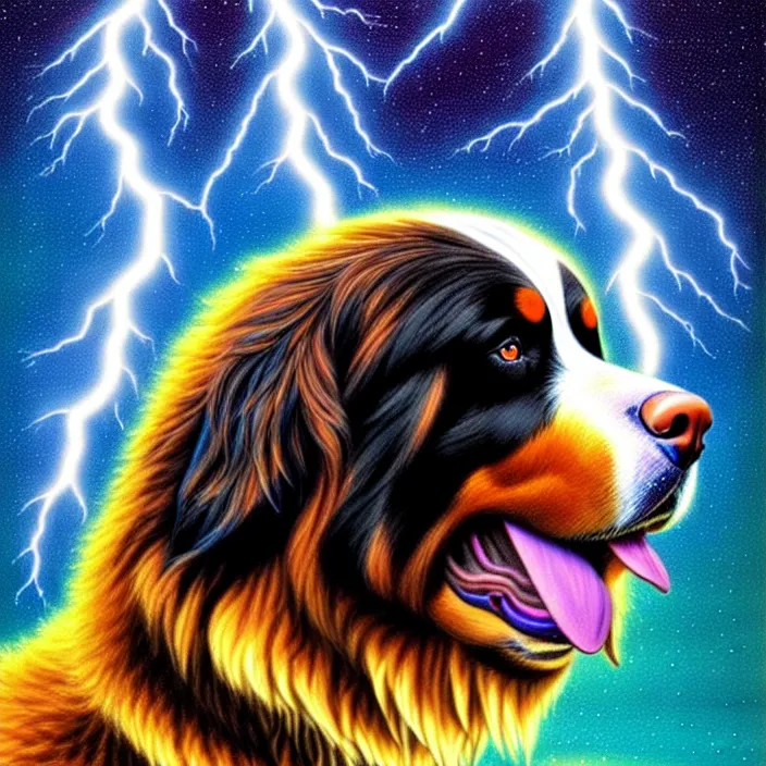 Image similar to an anthropomorphic male bernese mountain dog as zeus, shooting lightning bolts from his paws, by alex grey, intricate details, artstation, furry, psychedelic, hd, beautiful