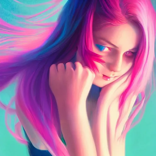 Image similar to colorful and festive captivating teenager girl with pink hair, cyan top crop, black skirt, black leggings, cute look. rich vivid colors, ambient lighting, dynamic lighting, 4 k, atmospheric lighting, painted, intricate, highly detailed by charlie bowater