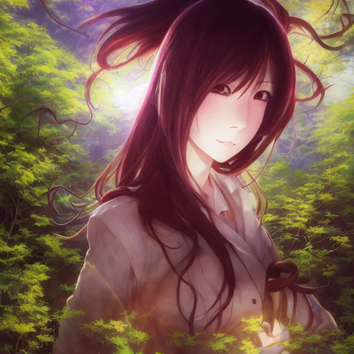 Image similar to Nishimiya Shouko, Albedo from Overlord, Mayer Re-l, Japan Lush Forest, official anime key media, close up of Iwakura Lain, LSD Dream Emulator, paranoiascape ps1, official anime key media, painting by Vladimir Volegov, beksinski and dan mumford, giygas, technological rings, johfra bosschart, Leviathan awakening from Japan in a Radially Symmetric Alien Megastructure turbulent bismuth glitchart, Atmospheric Cinematic Environmental & Architectural Design Concept Art by Tom Bagshaw Jana Schirmer Jared Exposure to Cyannic Energy, Darksouls Concept art by Finnian Macmanus