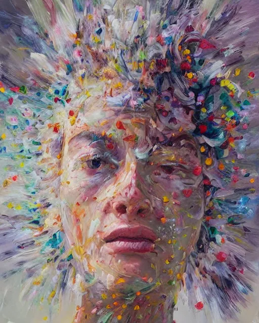 Prompt: Flower storm portrait, vortex of petals and radiant light, in the style of Jenny Saville, highly detailed palette knife oil painting