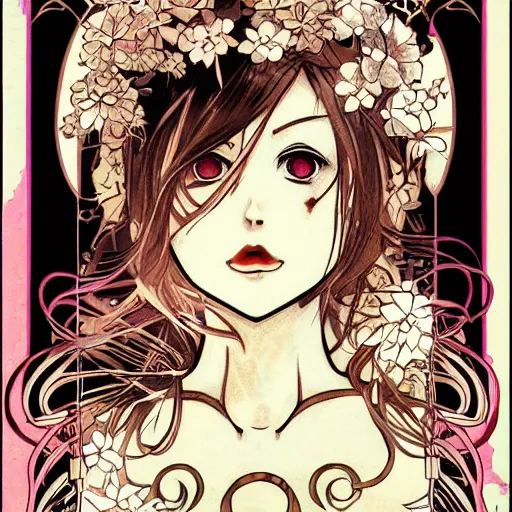 Prompt: anime manga skull portrait marvel young woman hood fairytale comic skeleton illustration style by Alphonse Mucha pop art nouveau