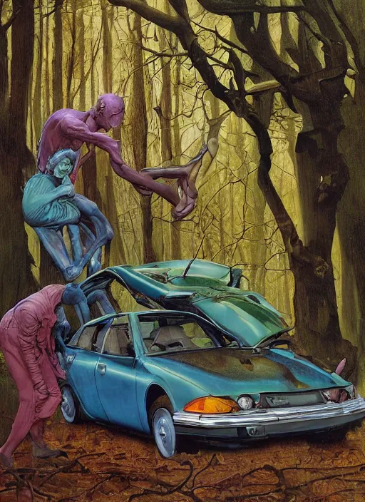 Prompt: realistic detailed image of a car crash in the woods in the style of Francis Bacon, Surreal, Norman Rockwell and James Jean, Greg Hildebrandt, and Mark Brooks, triadic color scheme, By Greg Rutkowski, in the style of Francis Bacon and Syd Mead and Edward Hopper and Norman Rockwell and Beksinski, open ceiling, highly detailed, painted by Francis Bacon, painted by James Gilleard, surrealism, airbrush, Ilya Kuvshinov, WLOP, Stanley Artgerm, very coherent, art by Takato Yamamoto and James Jean