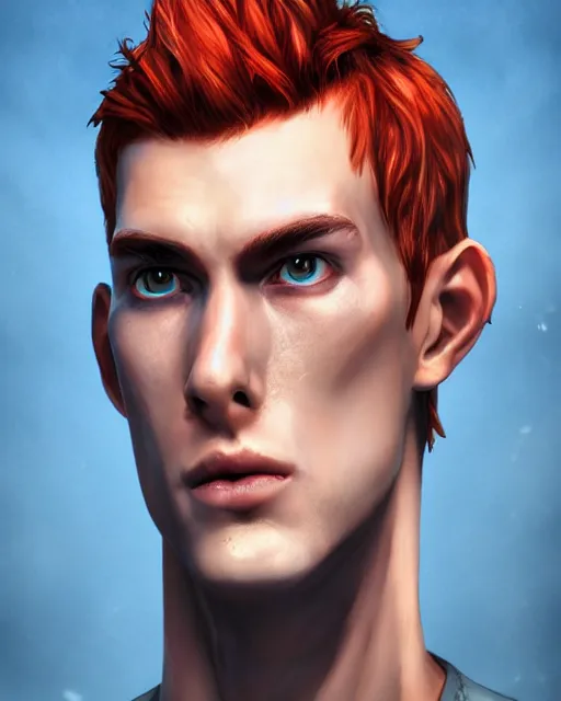 Prompt: an epic fantasy comic book style portrait painting of tall, thin, 1 5 - year - old boy with a long nose, a lot of freckles, fiery red hair, and bright blue eyes, unreal 5, daz, hyperrealistic, octane render, cosplay, rpg portrait, dynamic lighting