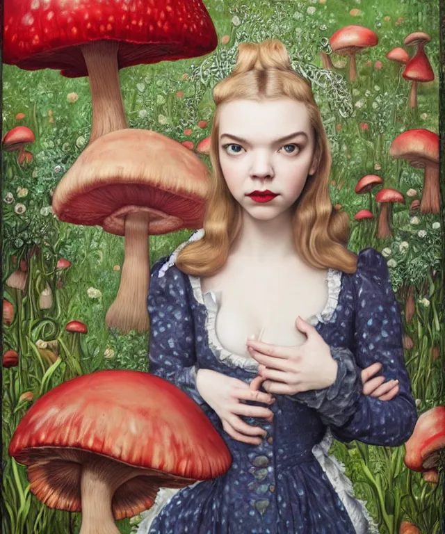 Image similar to portrait of Anya Taylor-Joy in wonderland, giant mushrooms, lowbrow painting by Mark Ryden