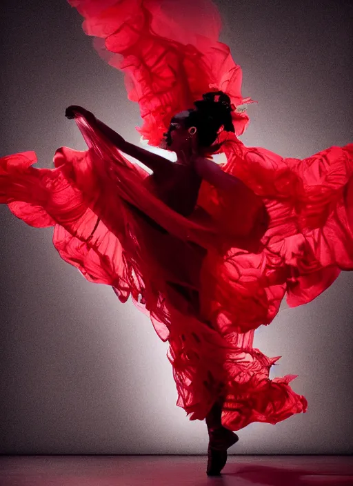 Image similar to a Photorealistic dramatic hyperrealistic render of a glamorous beautiful Mexican Catrina smoke dancer wearing red by Ken Brower and Deborah Ory of NYC Dance project,Lois Greenfield,Flowing cloth and smoke,Beautiful dynamic dramatic dark moody lighting,volumetric,shadows,cinematic atmosphere,Octane render,8K