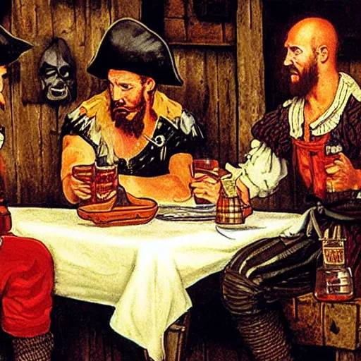 Image similar to Three important pirates drinking grog in a tavern table 16 bit computer art