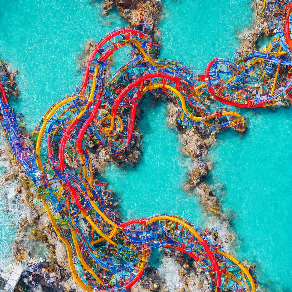 Image similar to colorful rollercoasters over pools of bright blue water, birds eye view