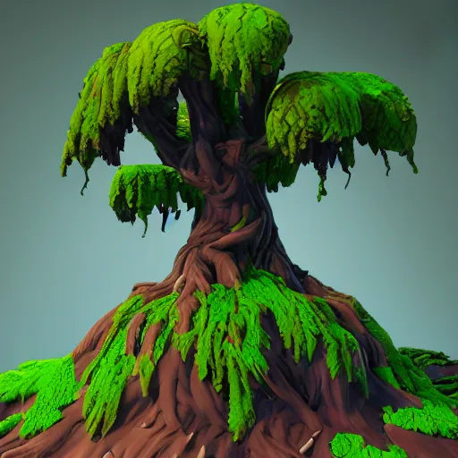 Image similar to a swamp tree design, 3D render, Z-Brush sculpt, fortnite style