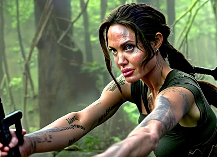 Image similar to film still of!!!! angelina jolie!!! as lara croft in new tomb raider movie, 8 k