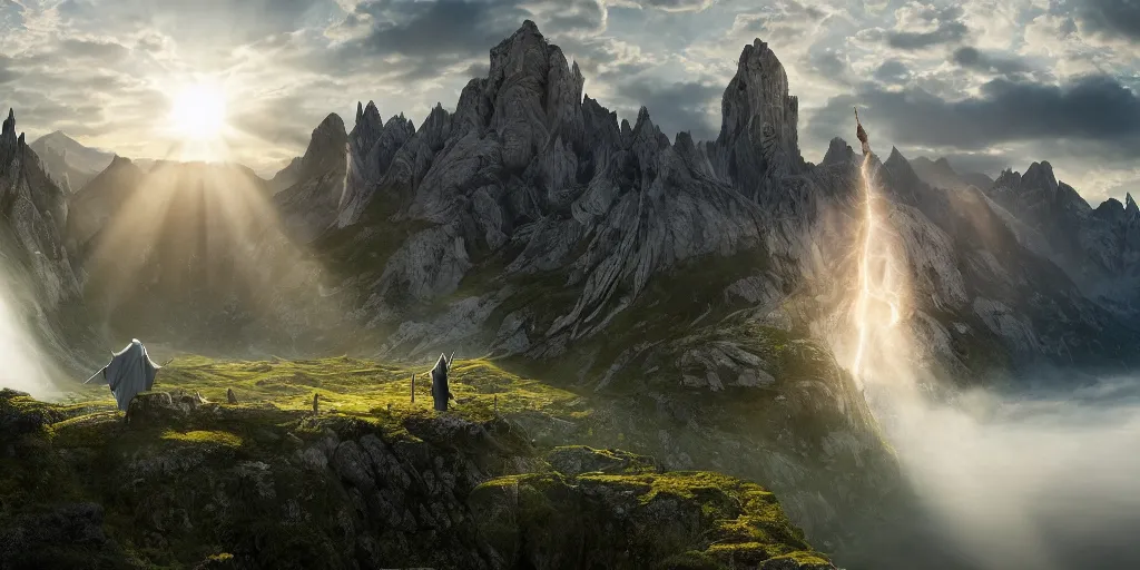 Image similar to a beautiful wide shot of donald trump in gandalf's robes facing the camera, the panorama of middle earth in the background, intricate detail, god rays, photography, volumetric light, cinematic, 8 k