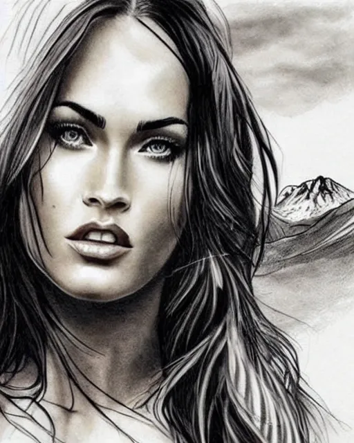 Image similar to realism tattoo design sketch of megan fox with beautiful mountain scenery, in the style of dan mountford, double exposure effect, hyper realistic, amazing detail, black and white