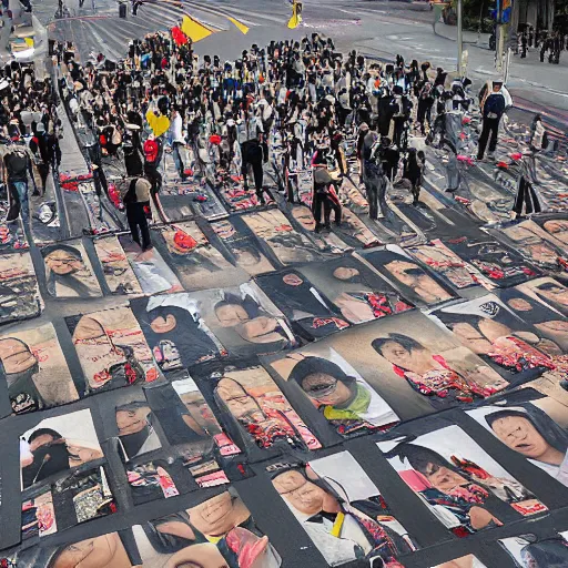 Image similar to beijing photograph cutouts of chinese protesters laying flat litter the streets of beijing, hyperreal - h 6 4 0