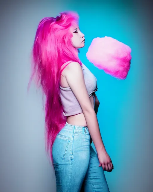 Image similar to a dramatic lighting photo of a beautiful young woman with cotton candy hair. moody, melanchonic. with a little bit of cyan and pink