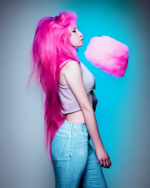 Prompt: a dramatic lighting photo of a beautiful young woman with cotton candy hair. moody, melanchonic. with a little bit of cyan and pink