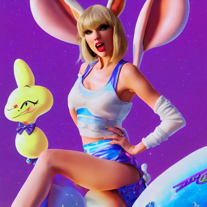 Image similar to portrait of Taylor Swift as Lola Bunny in Space Jam 1996. bunny ears. HD. intricate artwork. by Tooth Wu, wlop, beeple, dan mumford. octane render, trending on artstation, greg rutkowski very coherent symmetrical artwork. cinematic, hyper realism, high detail, octane render, 8k, iridescent accents