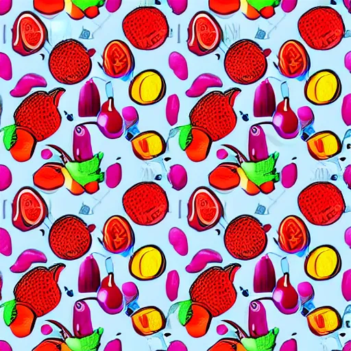 Prompt: repeating wallpaper pattern of fruit. Cinematic, volumetric lighting. Scene from 1971 film Willy Wonka & the Chocolate Factory-S 45715341