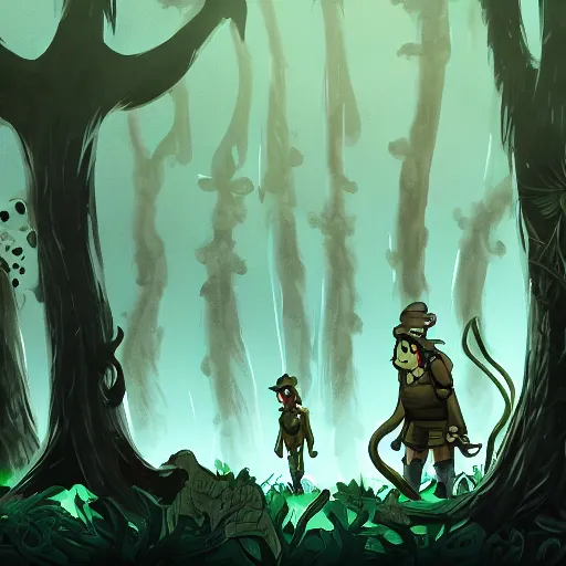 Image similar to a group of people standing in a dark forest, attacked by tentacles, concept art, 2 d game art