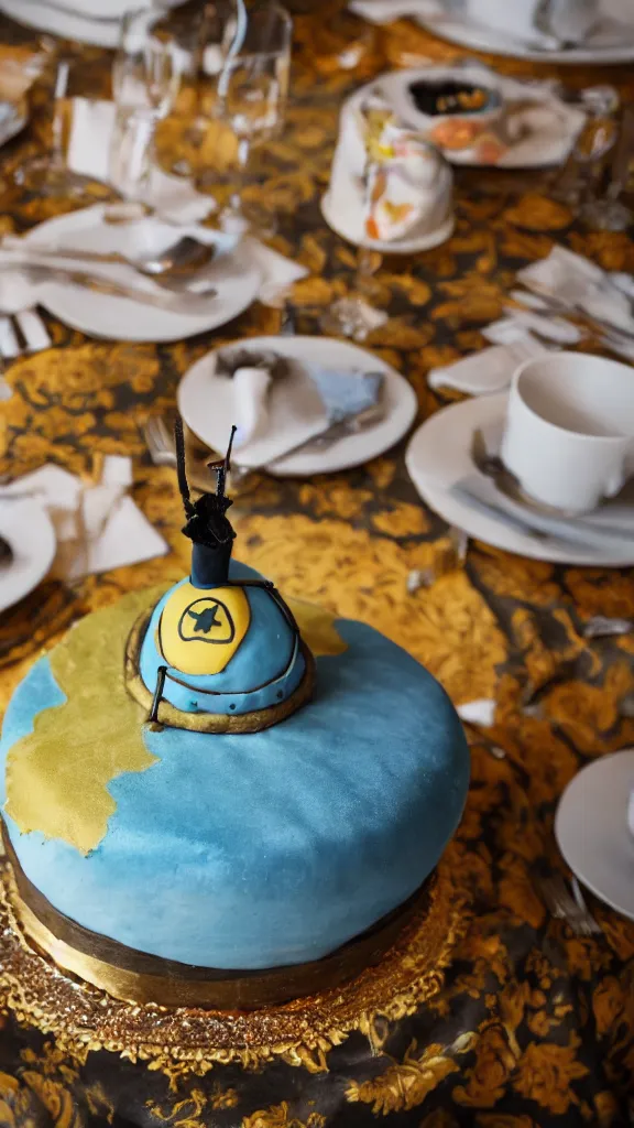 Image similar to a cake in the shape of a nuclear bomb, on a velvet table cloth, soft focus