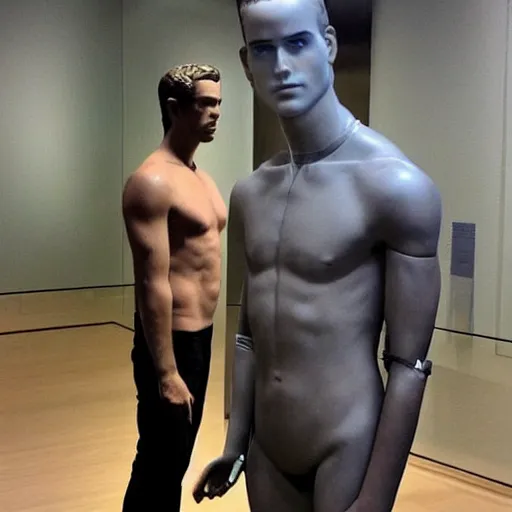 Image similar to “ a realistic detailed photo of a guy who is an attractive humanoid who is half robot and half humanoid, who is a male android, actor liam hemsworth, shiny skin, posing like a statue, blank stare, at the museum, on display ”