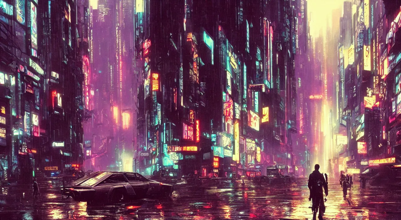 Prompt: A cyberpunk city in the rain, a man walking down the street, Blade Runner,cyberpunk 2077,80s sci fi by Syd Mead