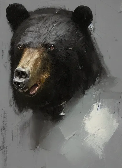 Image similar to portrait painting of anthropomorphic black bear by jeremy mann, only one head single portrait