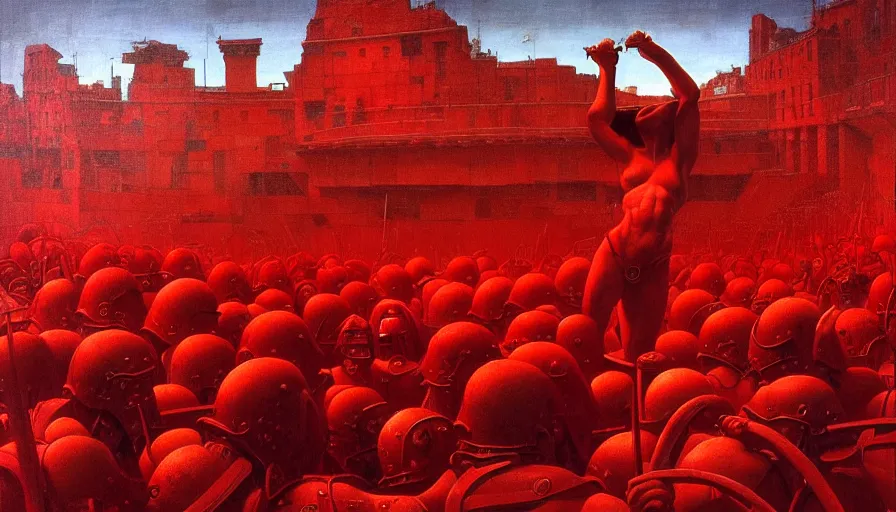 Image similar to only with red, a lightly armored gladiator in a crowded roman amphitheatre, crowd cheering, in the style of beksinski and edward hopper and rodcenko and yue minjun and cory loftis, intricate and epic composition, red by caravaggio, highly detailed, masterpiece, red light, artstation, art nouveau