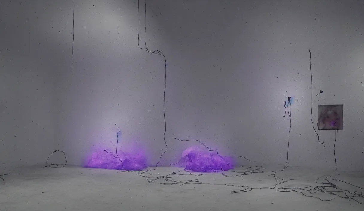 Image similar to artwork by pierre huyghe with wax, porcelain, cables and monitors, purple smoke, ultra realistic, depth, beautiful lighting, glitch, sigma, 8 k, 3 5 mm, f / 3 2