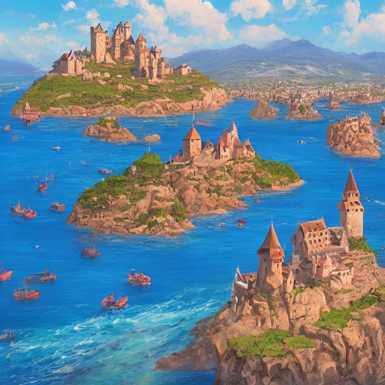 Prompt: a beautiful painting of a medieval castle and bustling town floating on top of a giant rock next to a beach and a clear blue sea mountain range by petros afshar