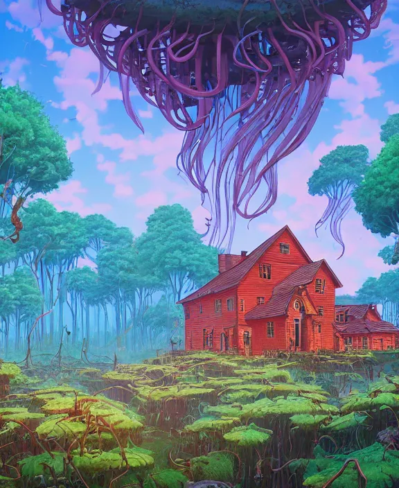 Image similar to an enormous schoolhouse made from jellyfish, overgrown with huge colorful exotic fungus, deep in the woods, noon, sun drenched, partly cloudy, by dan mumford, yusuke murata, makoto shinkai, ross tran, cinematic, unreal engine, cel shaded, featured on artstation, pixiv