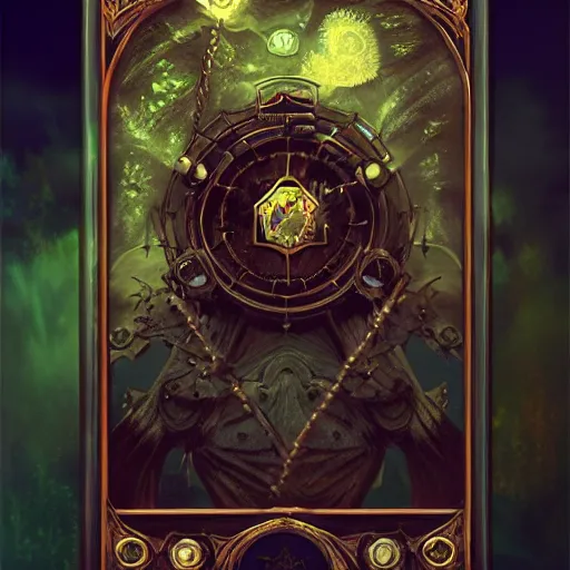 Image similar to Arcane Tarot, Fantasy, 2d Digital Art, steampunk, symmetrical centered, high quality 3D render, concept art, 4K, UHD, High quality mechanical, Badge, glow in the dark, ethereal, the void, ominous background, very detailed, stylized, trending on artstation