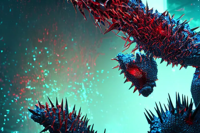 Image similar to a virus infects his host with spikes, macro, micro, nano tubes, molecular, blue and red colors, bokeh, hypermaximalistic, high details, cinematic, 8k resolution, beautiful detailed, insanely intricate details, artstation trending, octane render, unreal engine