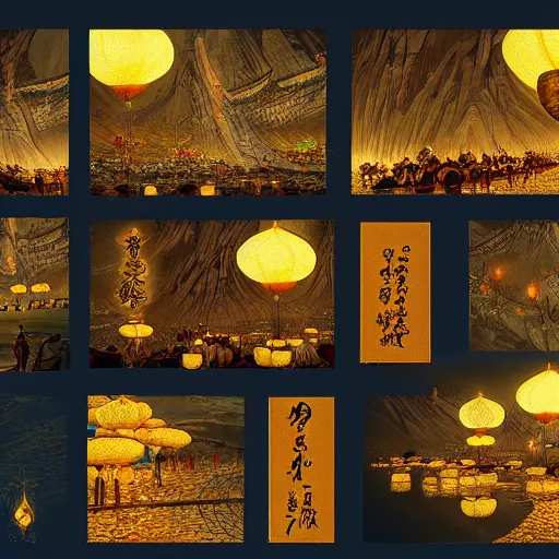 Image similar to concept art, river lanterns on the eve of ullambana festival, high resolution, cave temples of dunhuang style, artstation