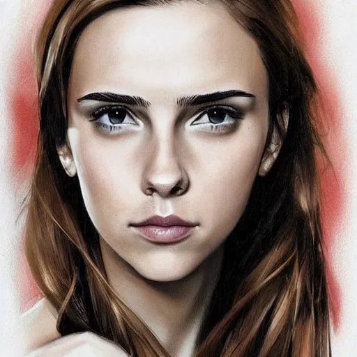 Image similar to portrait of girl who look like a mix of emma watson, scarlett johansson, nathalie portman, david rutkowski very detailled, by artgem