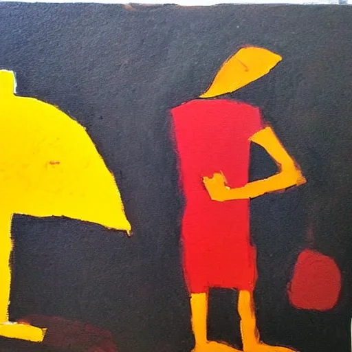 Image similar to a painting of a person holding a yellow and red umbrella, a cave painting by etel adnan, reddit contest winner, metaphysical painting, childs drawing, wimmelbilder, apocalypse art