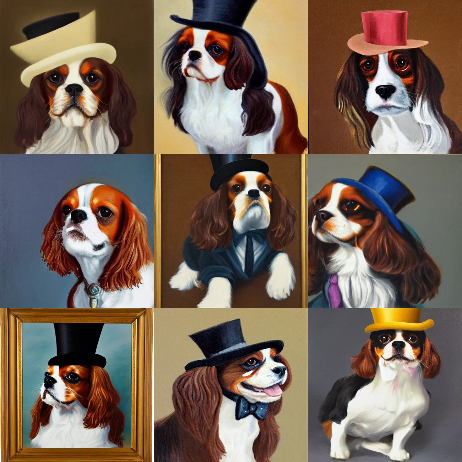 Prompt: a cavalier king charles spaniel, wearing a top hat, dignified aristocrat, oil on canvas