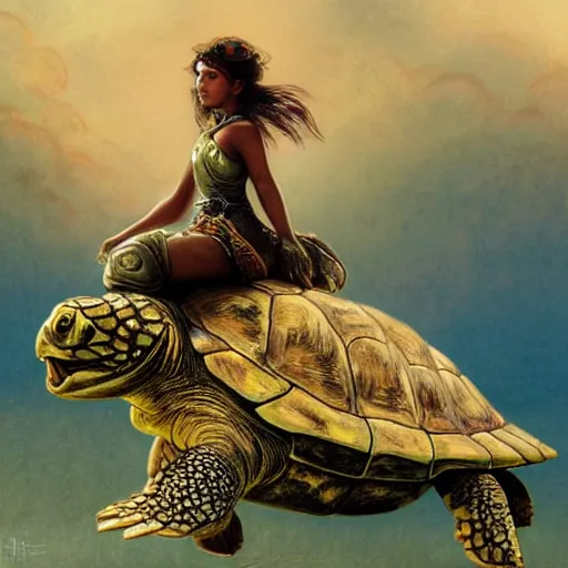 Prompt: a little warrior girl sitting on top of a giant turtle that is walking in the desert, seen from a distance. the girl is fully visible and has dark skin and beautiful green eyes, realistic full body and a very beautiful detailed face with long black hair. diffuse light, dramatic sky and landscape, fantasy illustration by mucha h 7 6 8