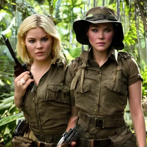 Image similar to elisha cuthbert and mary elizabeth winstead as a commandos in a jungle battlefield