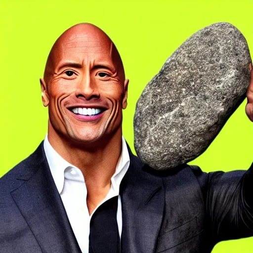 Prompt: photo of Dwayne Johnson holding a rock