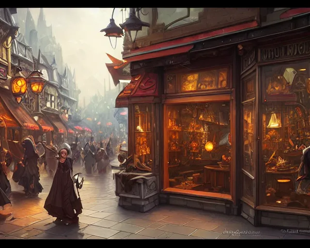 Image similar to shop front, window, magic items, busy street, deep focus, d & d, fantasy, intricate, elegant, highly detailed, digital painting, artstation, concept art, matte, sharp focus, illustration, hearthstone, art by artgerm and greg rutkowski and alphonse mucha