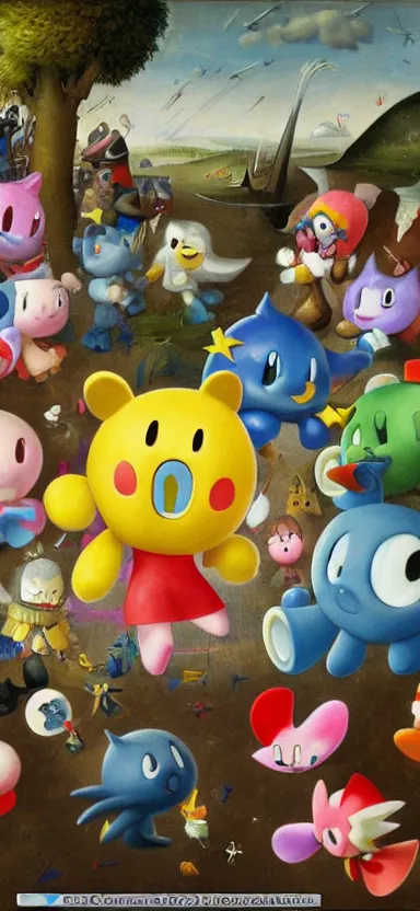 Prompt: detailed digital oil painting by hieronymus bosch of a scene from kirby star allies