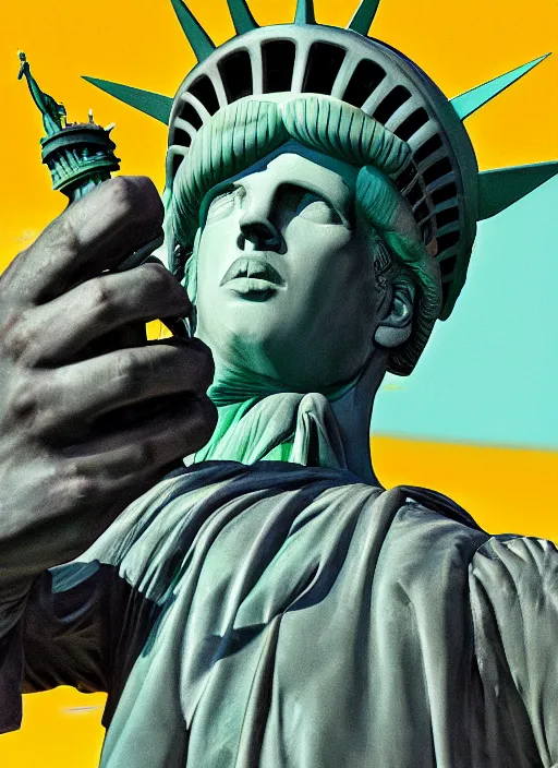 Image similar to Tom Waits eating Statue of Liberty, color photograph portrait 4k