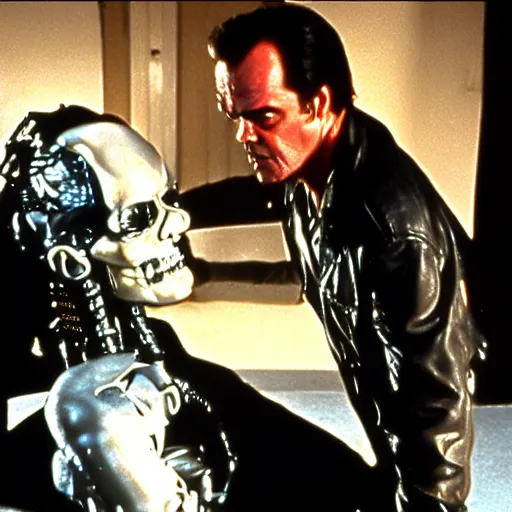 Image similar to Jack Nicholson plays Terminator, scene where his endoskeleton is exposed