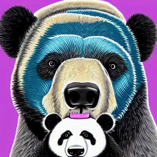 Image similar to pop art headshots of a grizzly bear and a panda bear kissing.