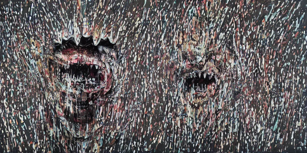 Prompt: camo made of teeth, smiling, abstract, francis bacon artwork, fortnite, cryptic, dots, stipple, lines, splotch, color tearing, pitch bending, faceless people, dark, ominious, eerie, minimal, points, technical, old painting