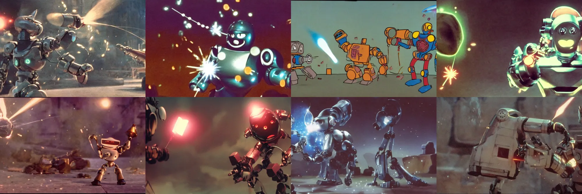 Prompt: a magical fantasy robot is spitting projectiles from his mouth, film still from an cartoon, action scene