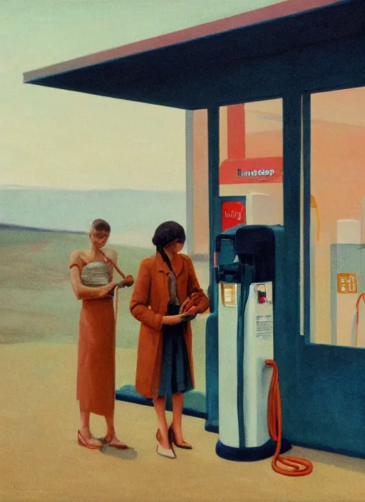 Image similar to women in paper bag over the head and a sward at gas station with portable oxygen tank Edward Hopper and James Gilleard, Zdzislaw Beksinski, highly detailed