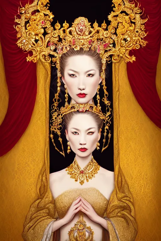 Image similar to a beautiful empress portrait, with a brilliant, impossible striking shiny big gold headpiece, reflective surface, gold clothes, rococo, baroque, jewels, asian, realistic, studio lighting, closeup, D&D, fantasy, intricate, elegant, highly detailed, digital painting, artstation, octane render, 8k, concept art, matte, sharp focus, illustration, art by Artgerm and Greg Rutkowski and Alphonse Mucha