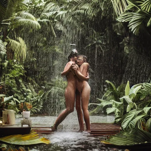Prompt: 4 k hdr polaroid two model women hugging showering in a bali tropical jungle shower with moody overcast lighting