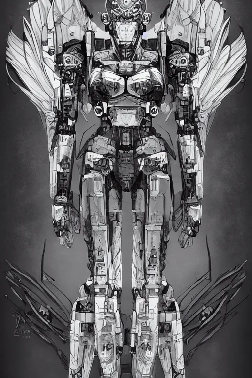 Image similar to very symmetrical!! full body illustrations of mecha, pen and ink, moderately detailed, concept art, wings, cyborg feathers, spread, cyborg wing, artstation, deviantart, pinterest